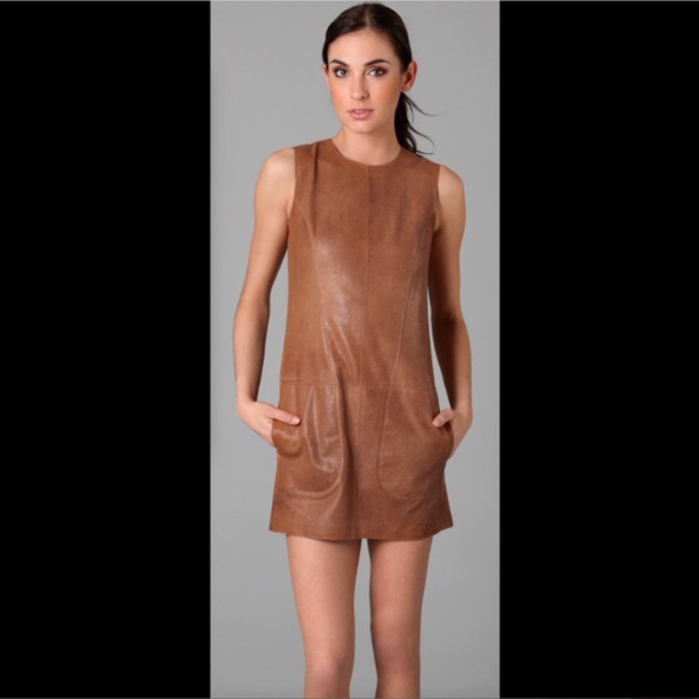 Vince Nutmeg Tan 100% Leather Mini Shift Dres
